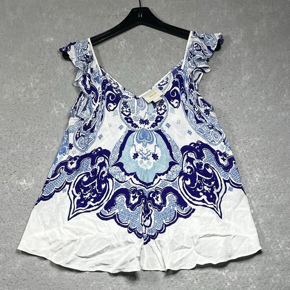 Anthropologie By Maeve Blouse Womens Sz 10 Clana Blue Motif Flutter Sleeve Top - Picture 1 of 10